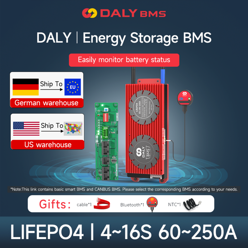 Daly Smart BMS Lifepo4 CAN 1A Active Balance 4S 12V 8S 24V 16S 48V 100A 150A 200A 250A 18650 Battery Pack for Energy Storage