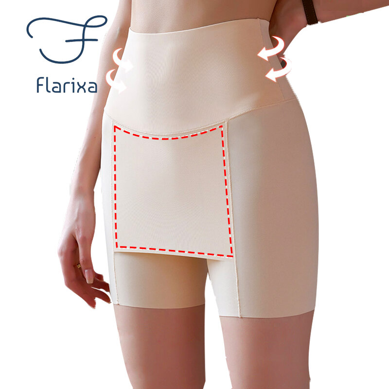 Flarixa-Shorts sem costura de seda gelo para mulheres, cintura alta, controle de barriga, dupla camada, sob a saia, calças de segurança boxer