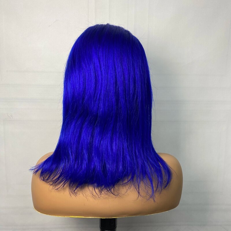 Peruca de laço curto frontal transparente para mulheres, perucas de cabelo humano brasileiro, cabelo remy pré-arrancado, cabelo azul, densidade a 180%, 13x4