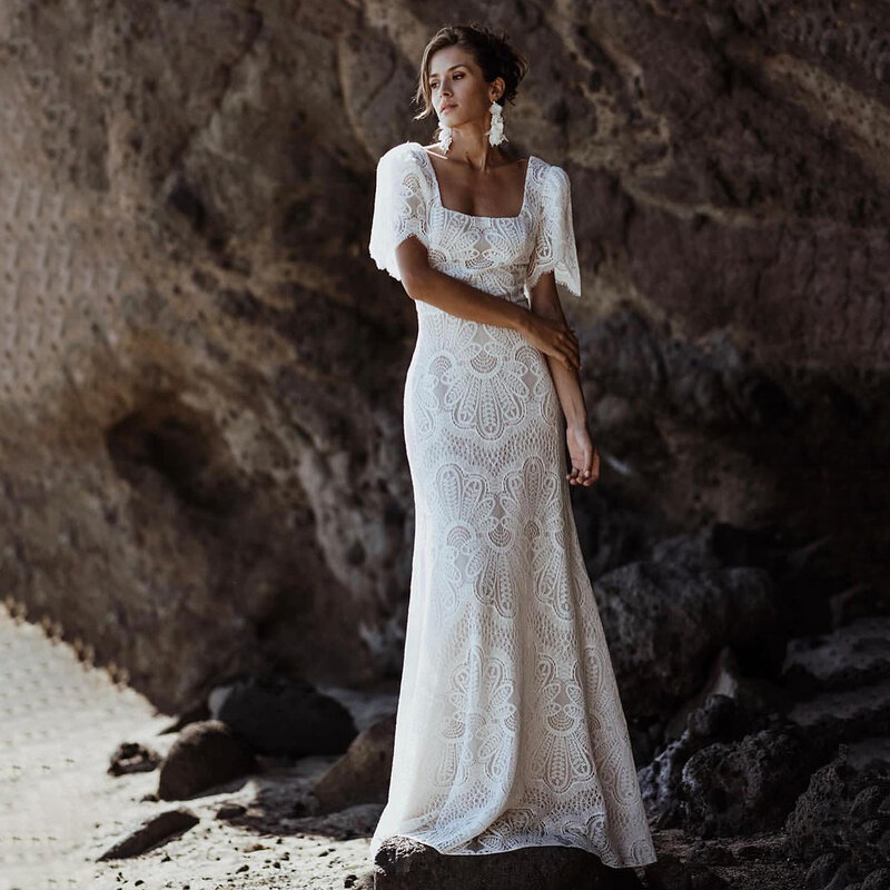 12359 # реальные фотографии богемный квадратный воротник кружевное свадебное платье для женщин пляжное свадебное платье со шлейфом с низкой спинкой на заказ