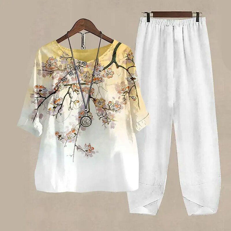 흰색 꽃무늬 프린트 여성용 투피스 세트, 우아한 여성용 O넥, 루즈한 반팔 셔츠, 하이웨이스트 바지 수트, 여름 신상