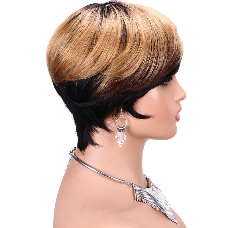 Short Pixie Cut Wig Human Hair Wigs Straight Bob Wigs With Bangs Full Machine Human Hair for Women Black & Ombre Three Colors