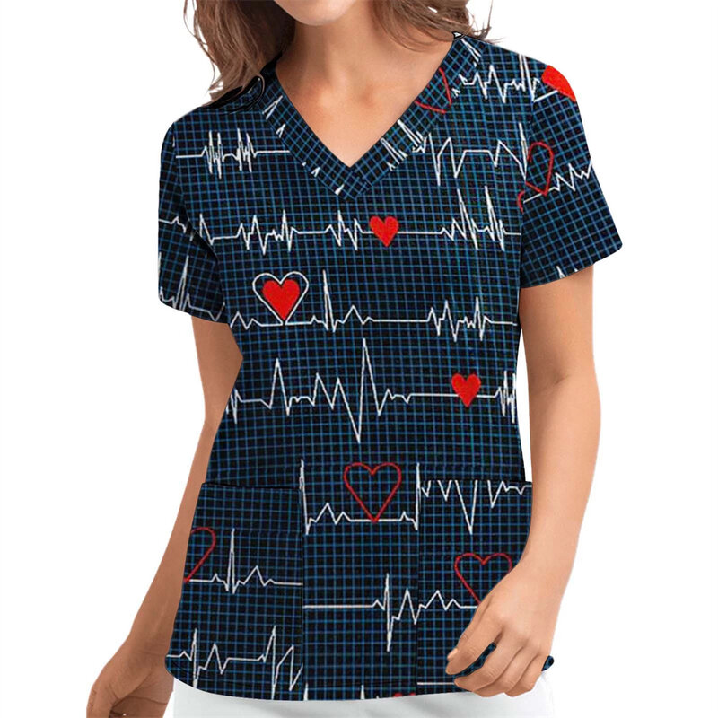 Camisetas de amor para mujer, uniforme médico de enfermería, camiseta elástica con estampado degradado, cuello en V, manga corta, Tops con bolsillo, ropa para mujer