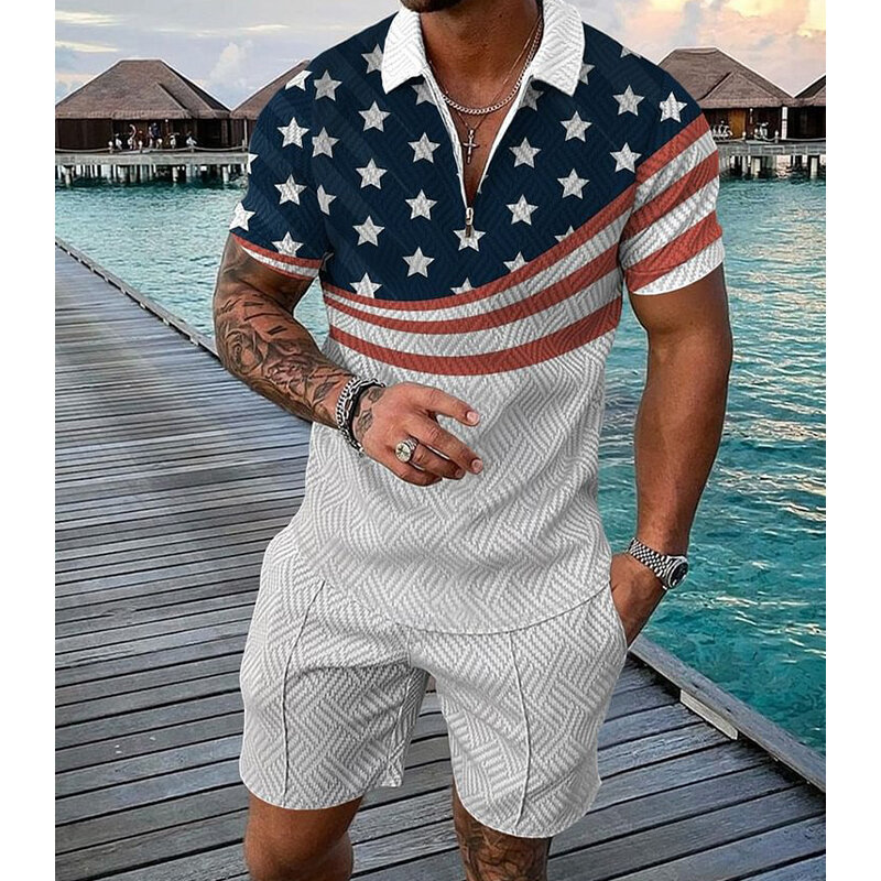 Camisa polo e shorts de manga curta estampada masculina, conjunto de duas peças, moda verão, novo, 2024