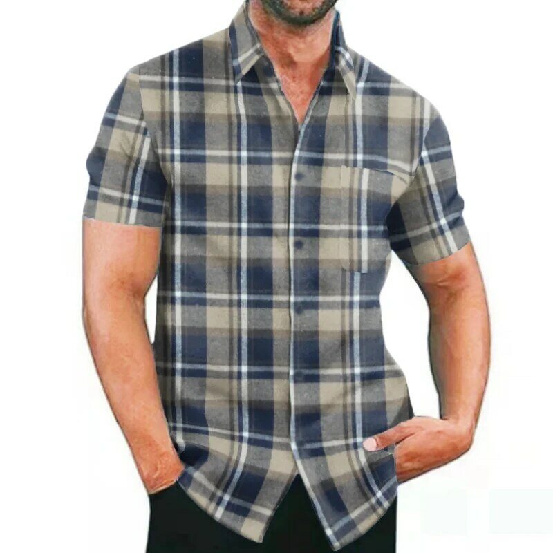 Tiki Men Casual Plaid Flannel Shirt Men's Clothing Short-Sleeved Chest Pocket Design Men's Striped Shirts Printed-Button S-3XL