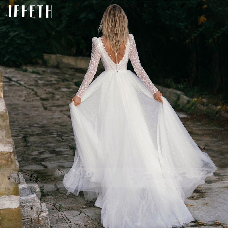 JEHETH Sexy Long Sleeve Wedding Dress Beach Women Illusion Back Lace Appliques V-Neck A-Line Bridal Gown Tulle Vestidos De Novia
