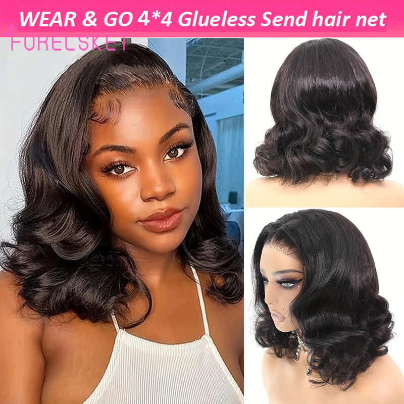 4x4 Lace Wear and Go Glueless Wigs Human Hair for Beginners Pre Cut/Plucked Bob Wig for Black Women Body Wave Lace Front No Glue