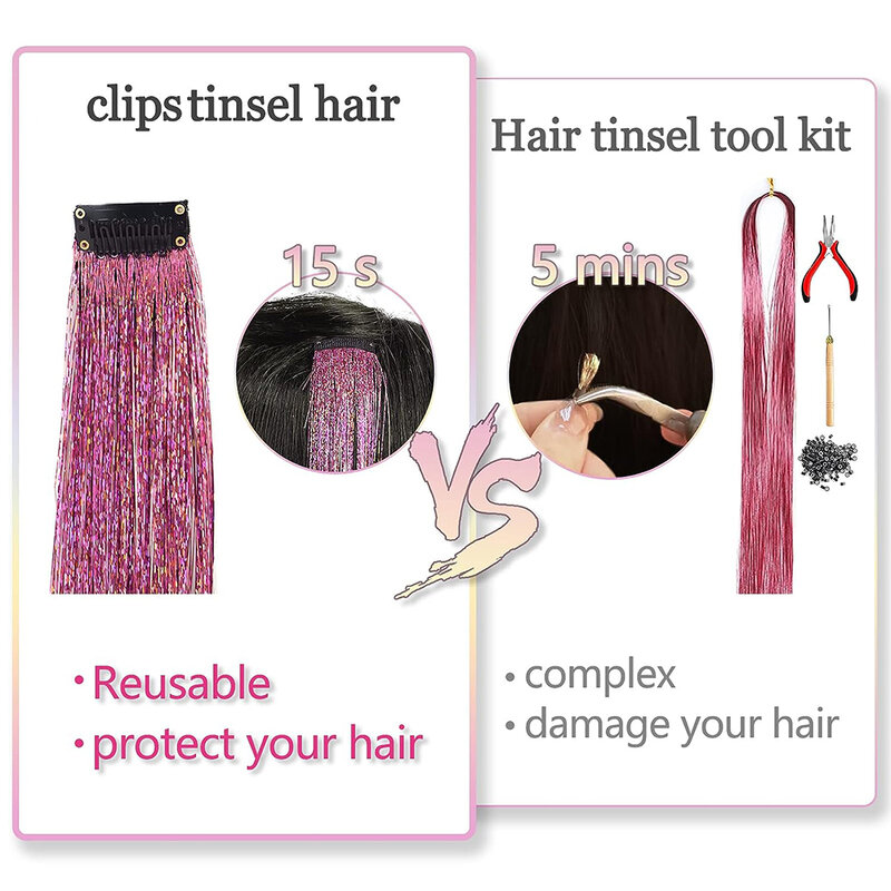 Extensões coloridas do cabelo do grampo-em para mulheres, ouropel, fada, brilho, meninas, acessórios do cabelo