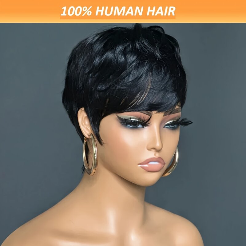 Perruque Brésilienne Naturelle Remy Coupe Courte Pixie 150%, Cheveux Courts, Sans Colle, Machine Complète, pour Femme