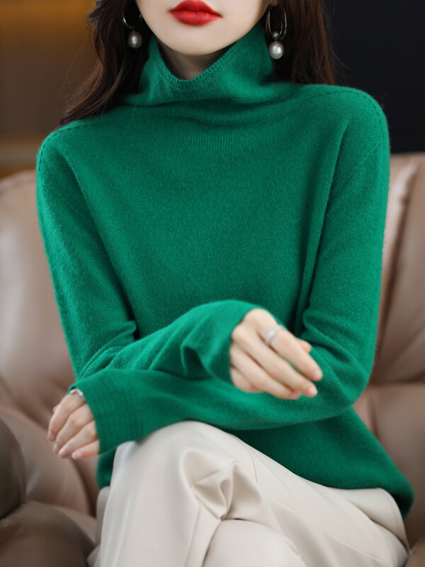 Suéter de gola alta Merino lã caxemira feminino, pulôver com gola alta empilhada manga longa, tops quentes de malha, outono inverno