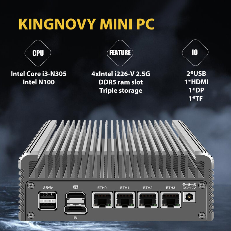 2.5GbE ไฟร์วอลล์เครื่องคอมพิวเตอร์ขนาดเล็กเราเตอร์คอมพิวเตอร์ขนาดเล็กที่ไม่มีพัดลม N100 Intel มี4xintel I226 NICS DDR5แรม PCIe 3.0 SSD