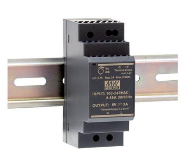 HDR-30-5 AC-DC Ultra slim DIN rail power supply; Input range 85-264VAC; Output 5VDC at 3A; Pass LPS