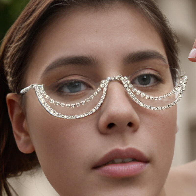 إطارات نظارات من حجر الراين بسلسلة متعددة الطبقات بوهو للنساء ، نصف إطار كريستال لامع ، زخرفة للعين ، مجوهرات بدون عدسات ،