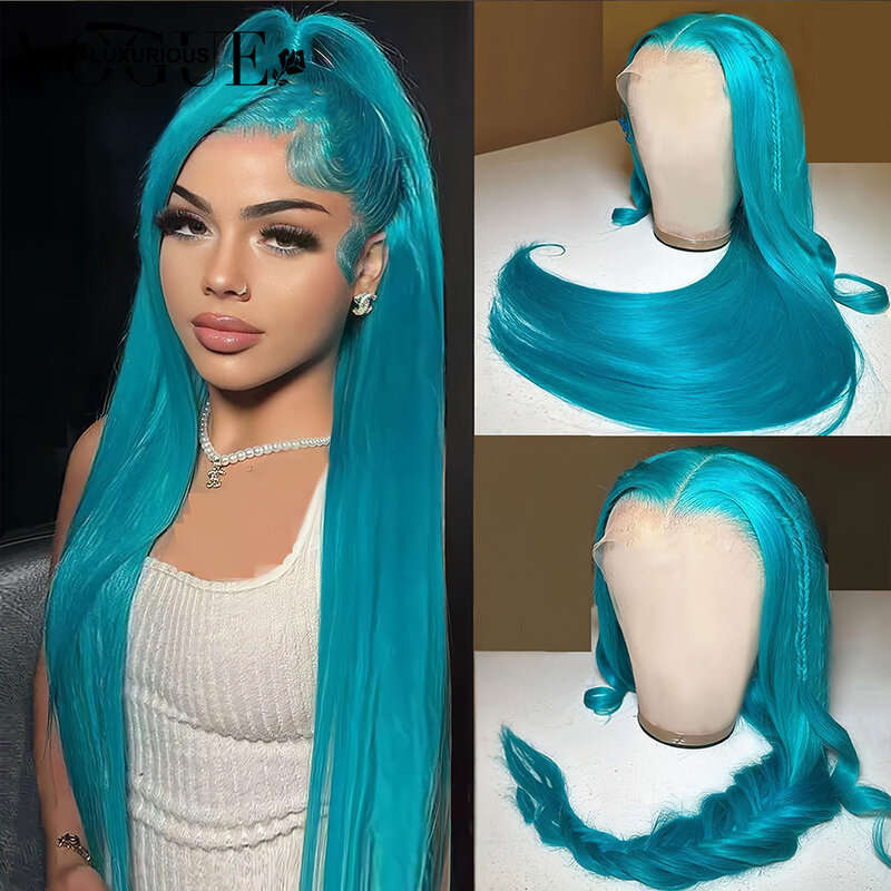Peluca de cabello humano liso de color azul lago claro, peluca Frontal de encaje transparente 13x4, sin pegamento, listo para usar, brasileño, a la venta