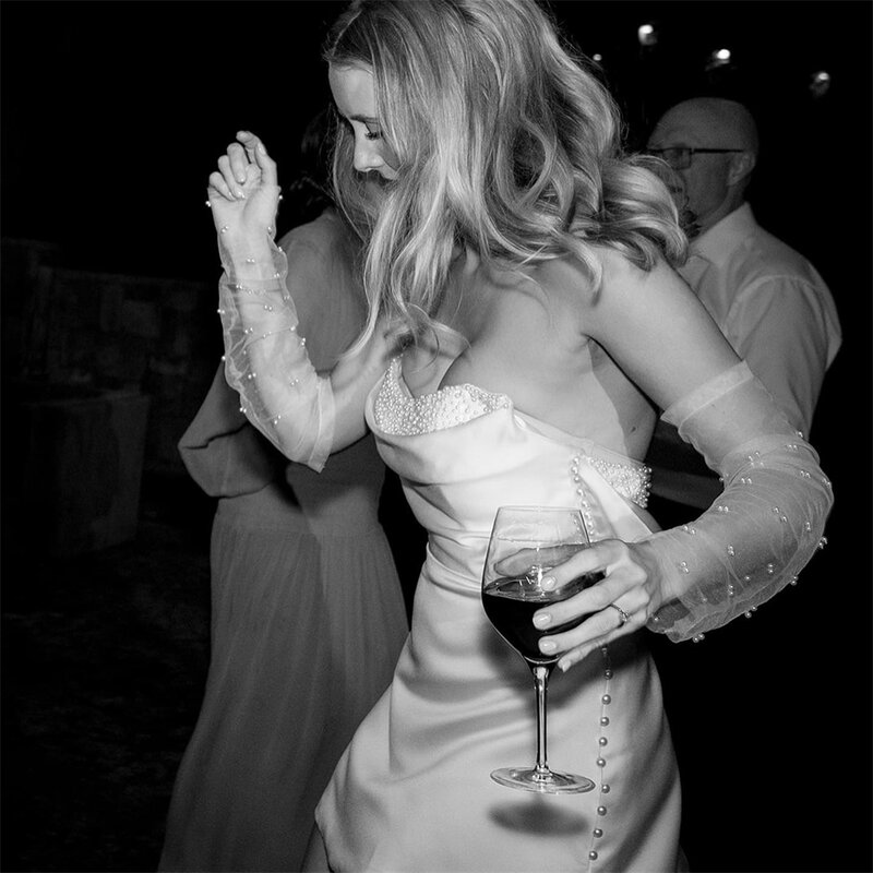 20079 # gaun pesta malam Mini tanpa tali elegan untuk wanita gaun pengantin pendek punggung rendah setelah pernikahan dengan lengan mutiara