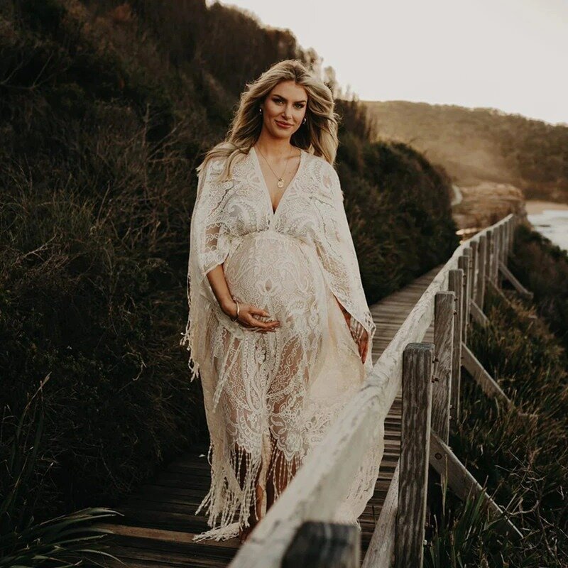 Suknie ciążowe dla sesja zdjęciowa rekwizyty do studia fotograficznego ciążowa suknia zdjęciowa styl Boho długi artystyczna koronka Maxi frędzel