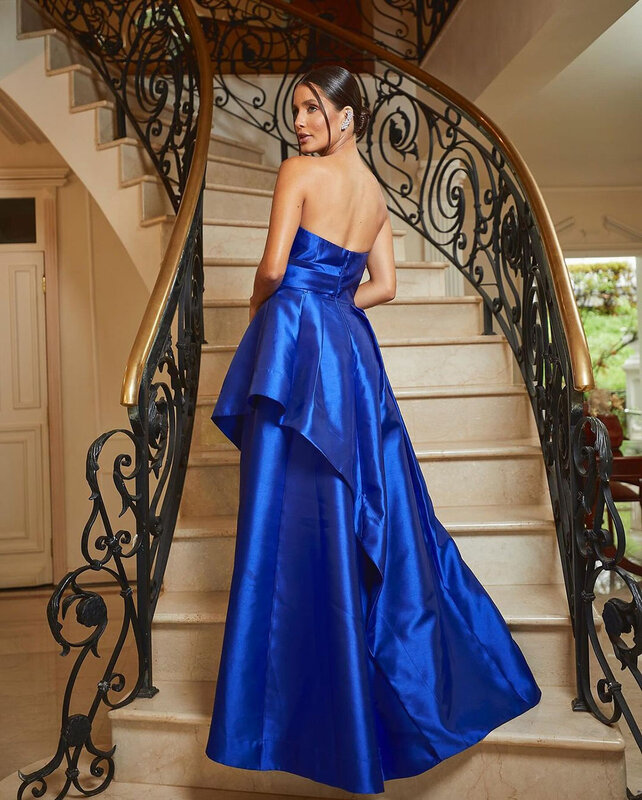 Słodka niebieskie suknie wieczorowe w stylu królewskim ukochana linia plisuje sukienka na studniówkę toga studencka proste suknia wieczorowa z satyny bez pleców