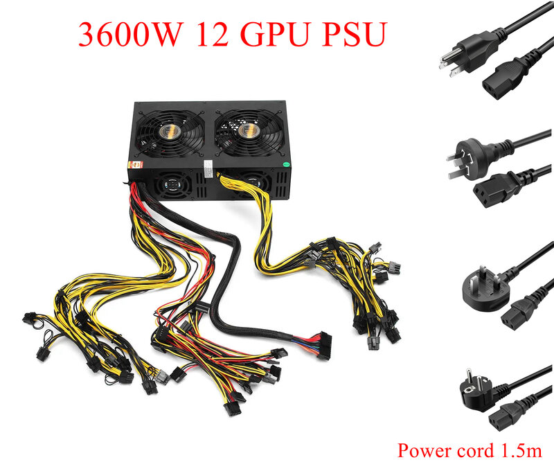 3600W Power Supply For 12GPU Mining ATX PSU ETH/Bitcoin Miners 180-240V  PSU