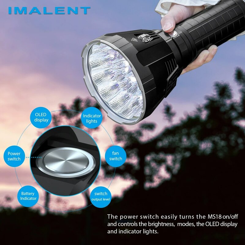 IMALENT MS18 мощный фонарь с яркостью 100000 люмен,профессиональный поисковый фонарик 18 светодиодами Cree XHP70.2, перезаряжаемый ультравысокой мощности охотничий факел с дальним броском до 1350 метров и дисплеем OLED