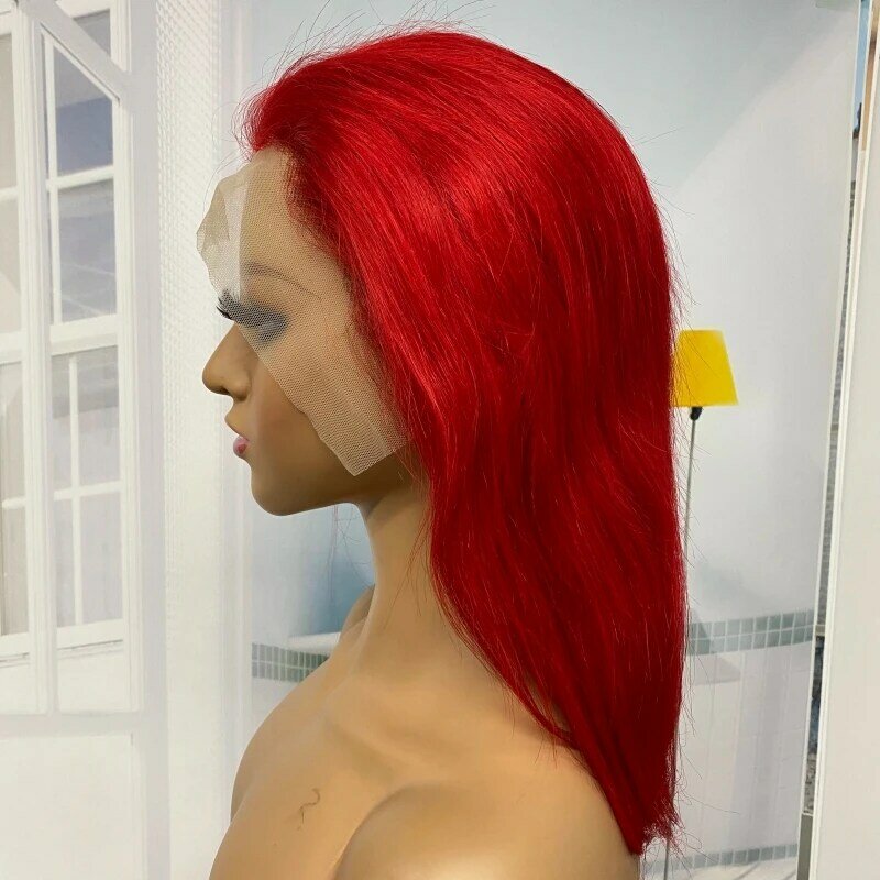 Peruca de cabelo humano vermelho para mulheres, perucas curtas de renda frontal transparente, cabelo remy pré-arrancado, densidade a 180%, 13x4