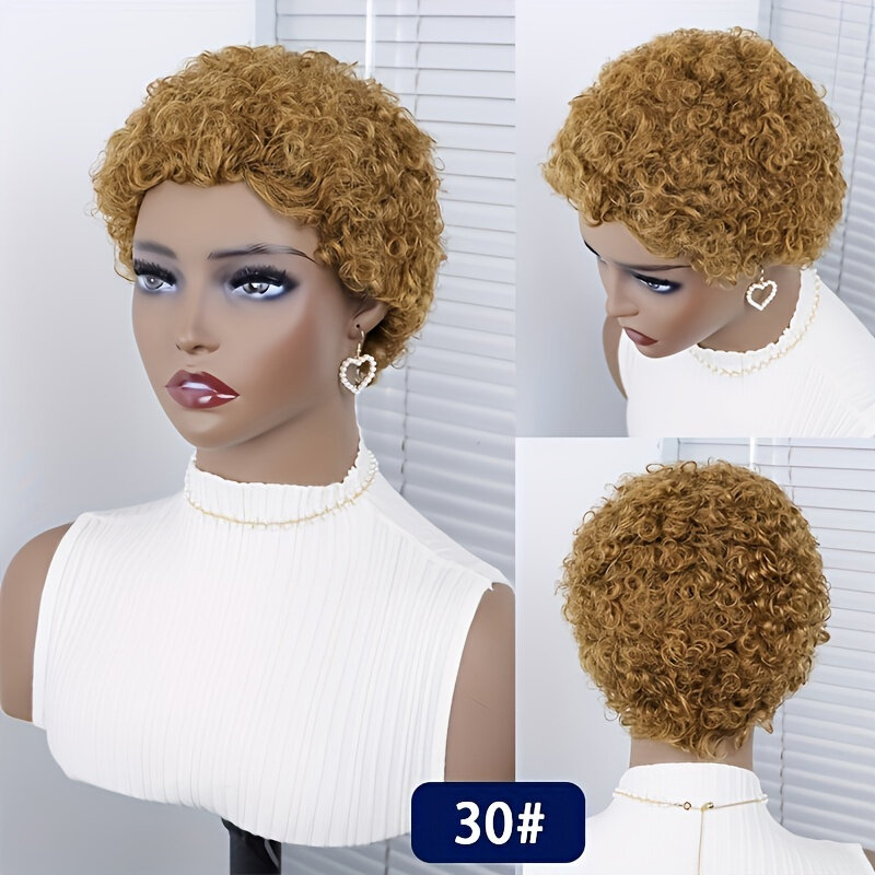 Natural Black Kinky Curly Pixie Cut Wig Human Hair Short Cut Glueless Full Machine Made Humain Hair Wig With Bangs Machine Made