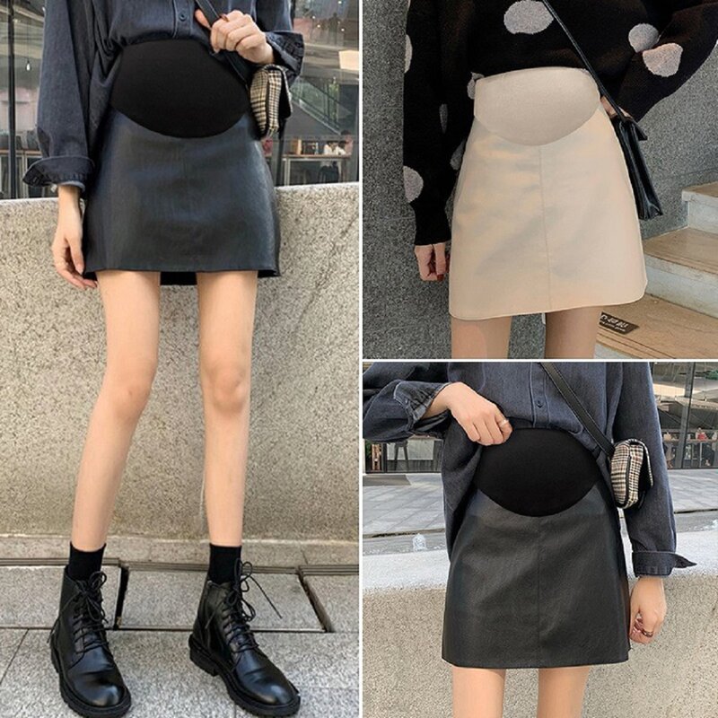 Fall Winter PU Maternity Skirts Sexy Chic Ins A Line Pencil Belly Support Skirt Pregnant Women Bodycon Skirt Pregnancy Clothing