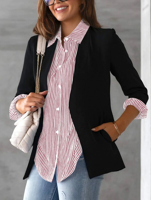 Blusa de manga longa feminina, camisa listrada rosa, estampa clássica, botão, casual, sem bolsos, camisa básica diária, tops de outono e inverno, 2021