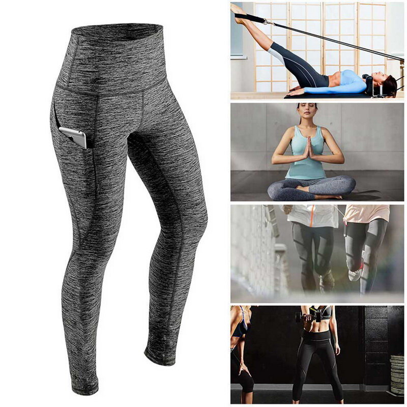 Alta cintura elástica Yoga Leggings para mulheres, controle de barriga, Ruched Booty Pants com bolso, calças justas de compressão sem costura