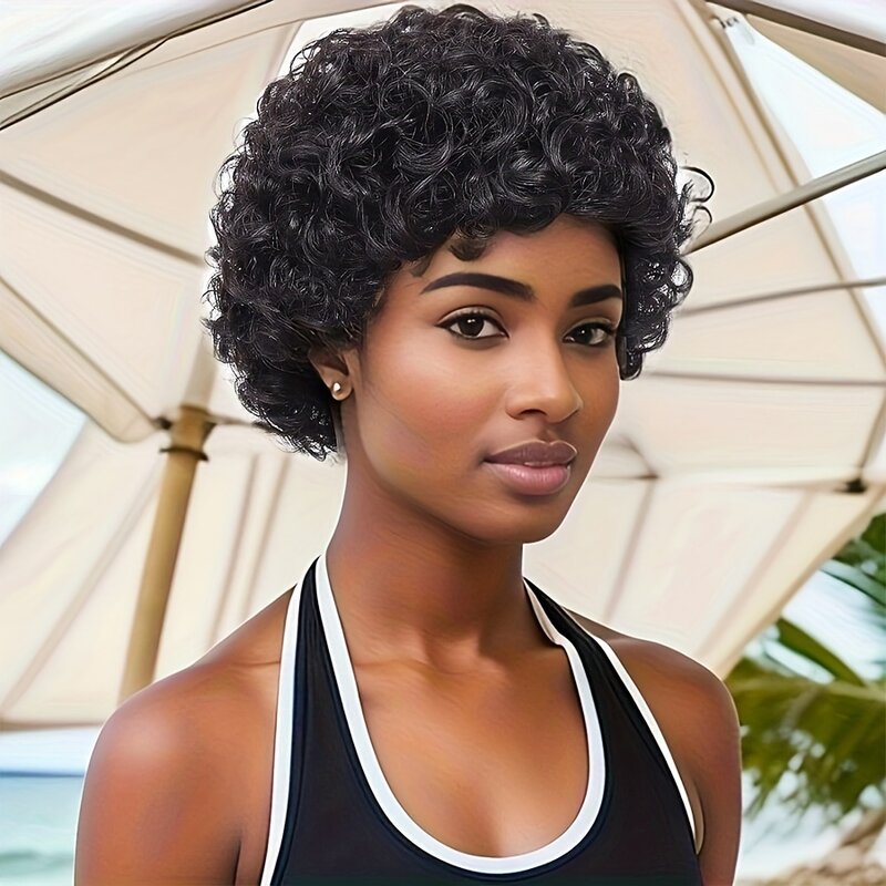 Pelucas rizadas de corte Pixie corto para mujer, cabello humano Remy brasileño, ONDA DE AGUA, hecho a máquina, 180% de densidad, n. ° 1B