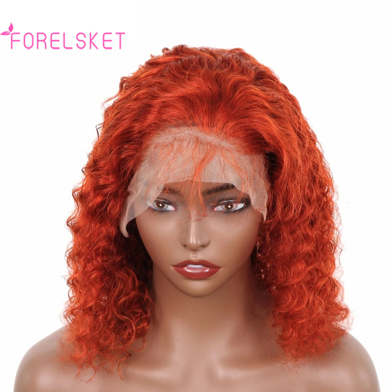 FORELSKET Ginger Orange Medium Long Deep Wave Wig Curly Wavy Wig 13x4 Lace Front Human Hair Wig Natural Hairline With Baby Hair