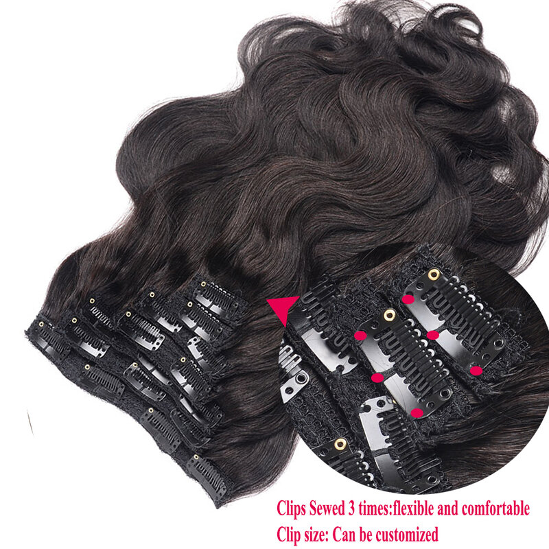 Klip gelombang tubuh 14-24 dalam ekstensi rambut manusia rambut Brasil bergelombang klip Ins klip rambut manusia Remy asli pada 110-200G hitam alami