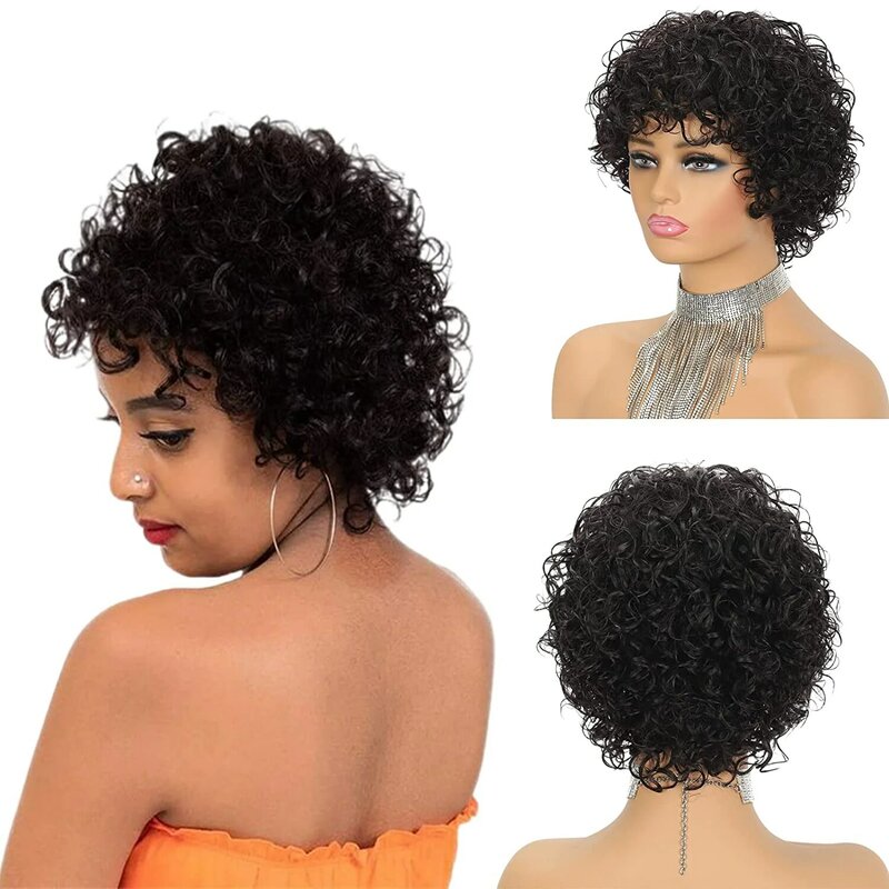 Parrucca Pixie Cut parrucche di capelli umani ricci crespi per donne nere brasiliane a buon mercato senza pizzo pieno fatto a macchina Glueless taglio corto Pixie