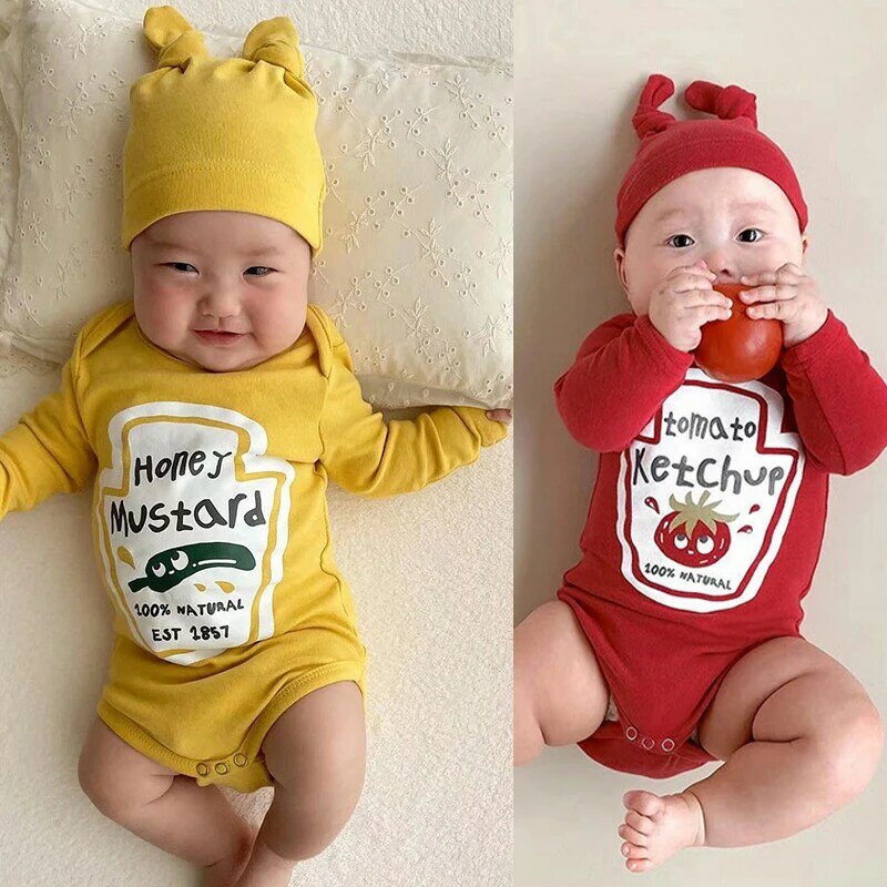 ชุดคอสเพลย์ฝาแฝดซอสมะเขือเทศและมัสตาร์ดสีเหลืองสำหรับเด็กทารกแรกเกิด