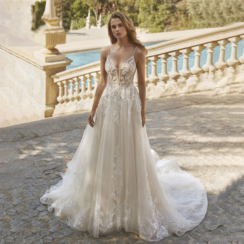 Spaghetti Straps A-line Wedding Dress Bridal Gown V-neck Sleeveless Shine vestidos de novia Custom Made For Women 2023