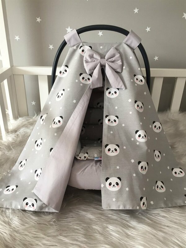 Sarung kereta bayi desain Panda abu-abu buatan tangan dan Set bantal kereta bayi 3