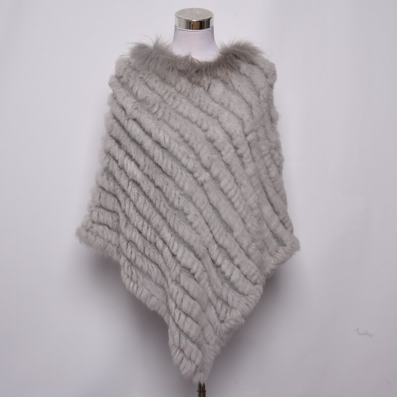 Genuine Rabbit Fur Poncho for Women, Knitted Shawl, Raccoon Fur Collar, Wedding Part Cape, Winter Fashion, S1729