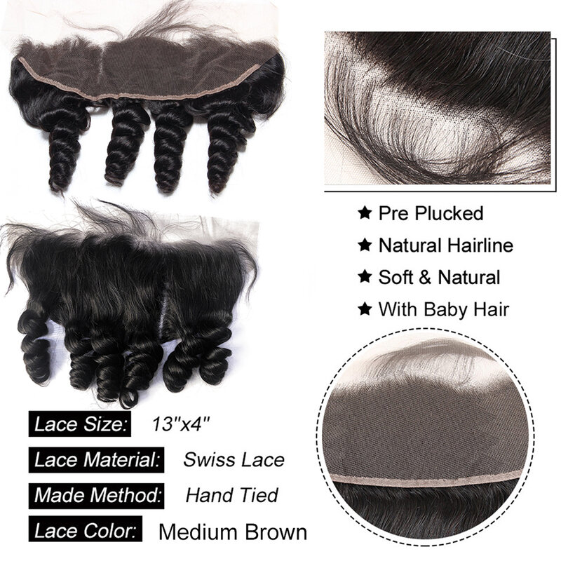 Mechones de cabello humano Remy, extensiones de pelo ondulado suelto con cierre Frontal, 12a, 100%