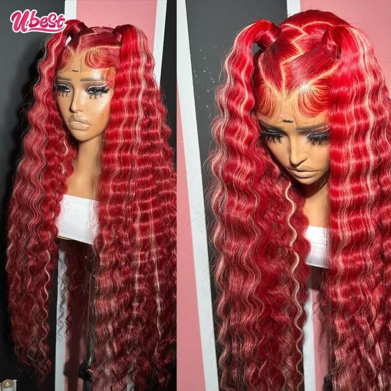 Pelucas rojas con cabello humano Rubio para mujeres negras, postizo de encaje frontal profundo 13x4, 13x6, prearrancado, brasileño, 5x5