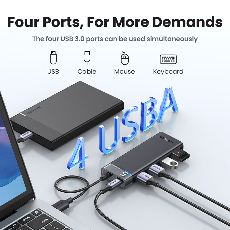 UGREEN-USB C 허브 4 포트, 맥북 프로, 아이패드 프로, 삼성 갤럭시 노트 10, S10, USB 허브 용 USB 3.0 허브 분배기 어댑터