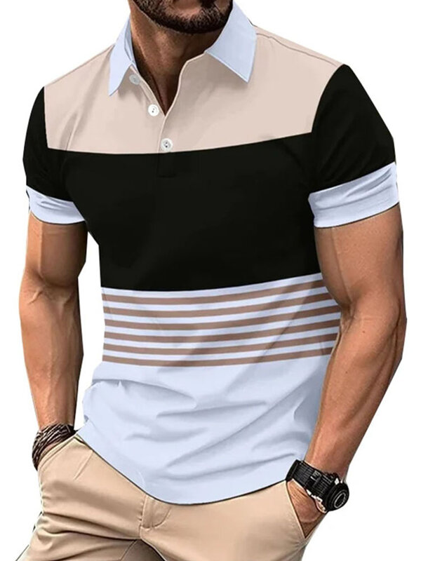 Letnia męska moda z krótkim rękawem koszulka Polo w paski casualowa zapinana na guziki Polo odzież męska