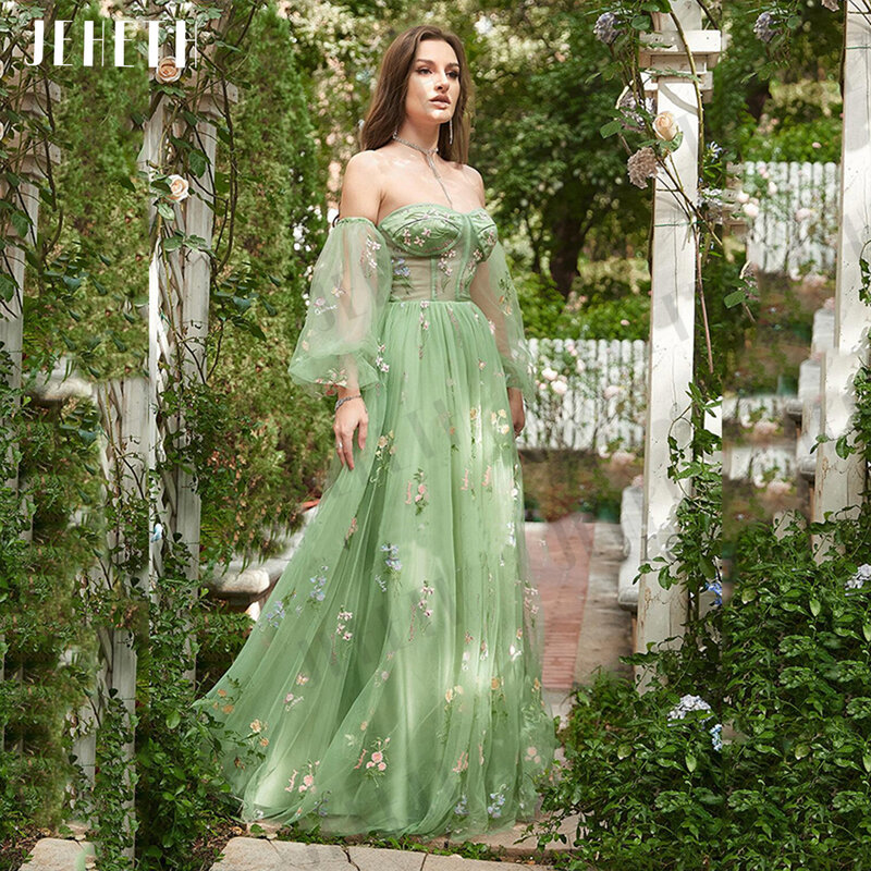 JEHETH Verde Bordado Prom Vestido Fada Strapless Puff Mangas Vestido de Noite Backless Party Mulheres Vestidos De Ocasión Formales bordando um vestido de baile Vestido de festa de baile de fadas Vestido de noite O vest