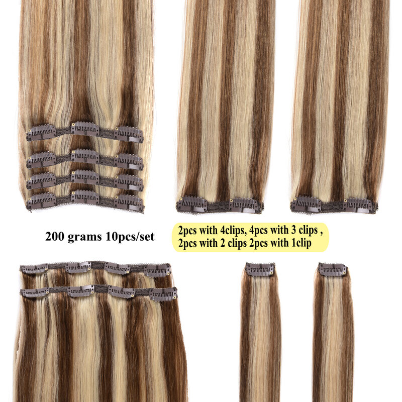 Balayage-Clip de cabello humano Natural, extensiones de cabello humano, castaño con Rubio, brasileño, recto, postizos