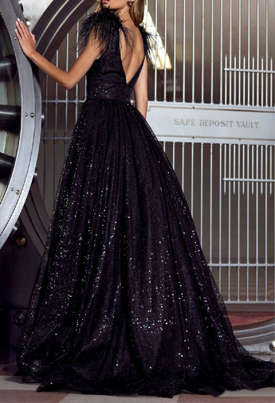 Бальное платье с глубоким V-образным вырезом, Черное женское ТРАПЕЦИЕВИДНОЕ вечернее платье, элегантное официальное платье со шлейфом, коротким рукавом и перьями