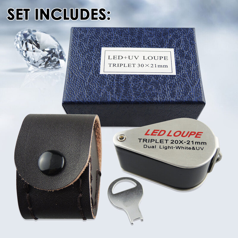 Mini loupe de bijoutier avec lumière LED et UV, grossissement 20X, lentille triplet, pièces achromatiques, monnaie, horlogerie, timbre