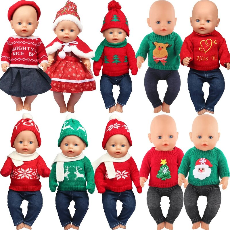 43 Cm Baby New Born Doll Clothes Wool Cute Santa Claus, Tree, Elk Christmas Clothes Suit For American 18 Inch Girl Doll Toy Gift