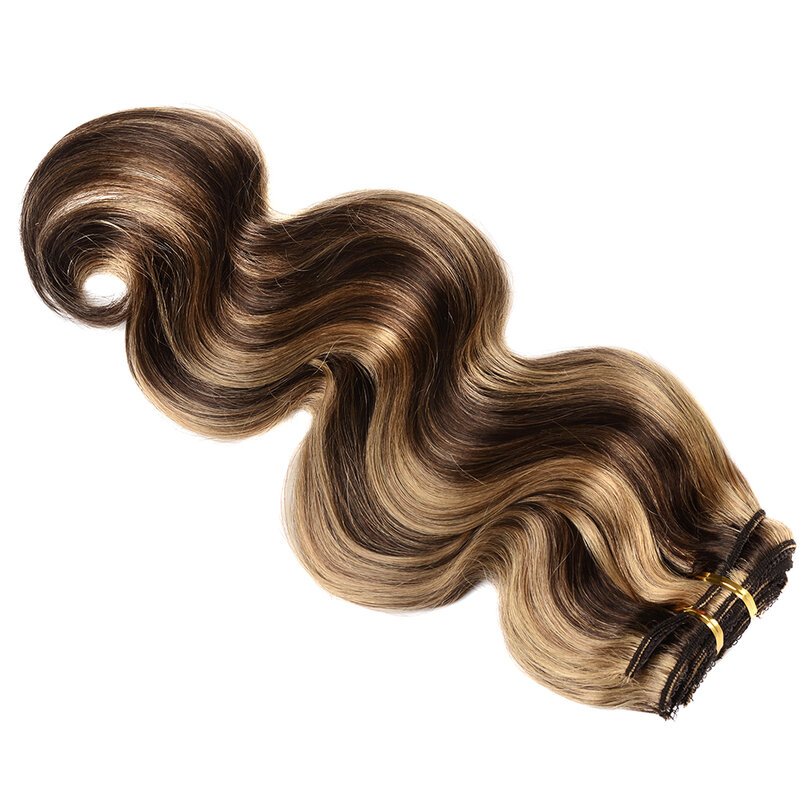 P4/27 klip gelombang tubuh Balayage coklat ke pirang dalam ekstensi rambut rambut manusia kepala klip rambut Brasil untuk wanita bergelombang 7 hingga 10 buah
