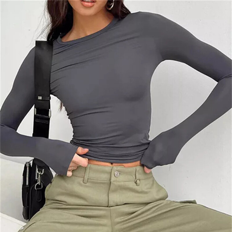 Women Long Sleeve T Shirt Spring Autumn Solid Slim Fit Casual Shirts Female Pullovers Basic Tee Y2k Clothes Streetwear Crop Tops