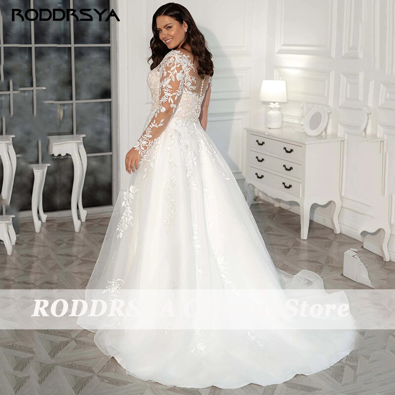Roddrsya-ラージサイズのウェディングドレス,長袖,レースのウェディングドレス,チュールのアップリケ,スイープ,台形,エレガント,2023