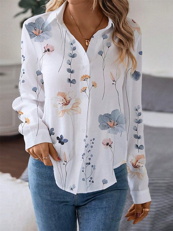 Women's Shirt Blouse Floral White Yellow Pink Print Button Long Sleeve Casual Holiday Fashion Shirt Collar Fit Spring & Fall