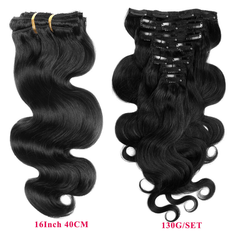 Extensiones de cabello humano con Clip, pelo brasileño ondulado, 110-200G, color negro oscuro, 7-10 piezas, 14-24